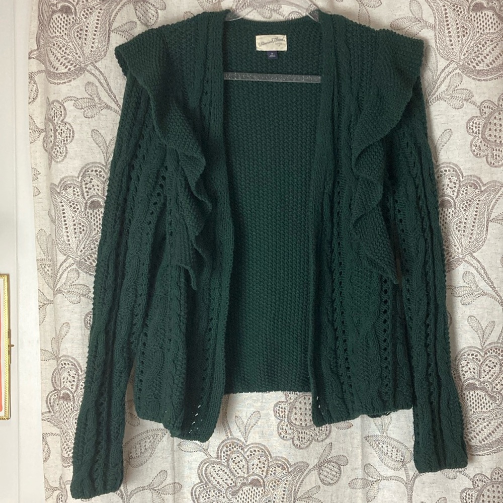 Universal Thread Size: M Cotton Blend Dark Green Knit Sweater with Ruffles